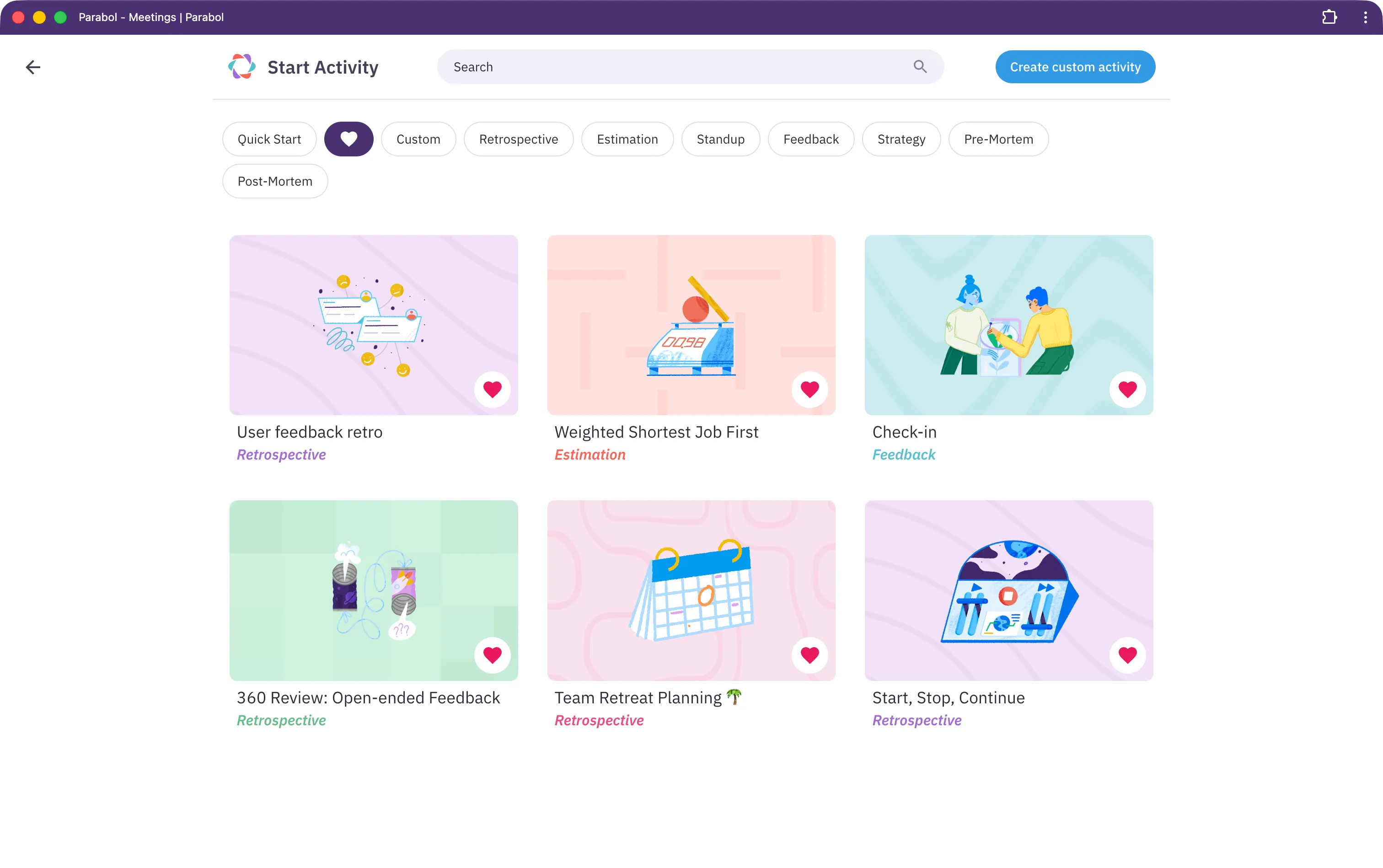 Activity library favorites view