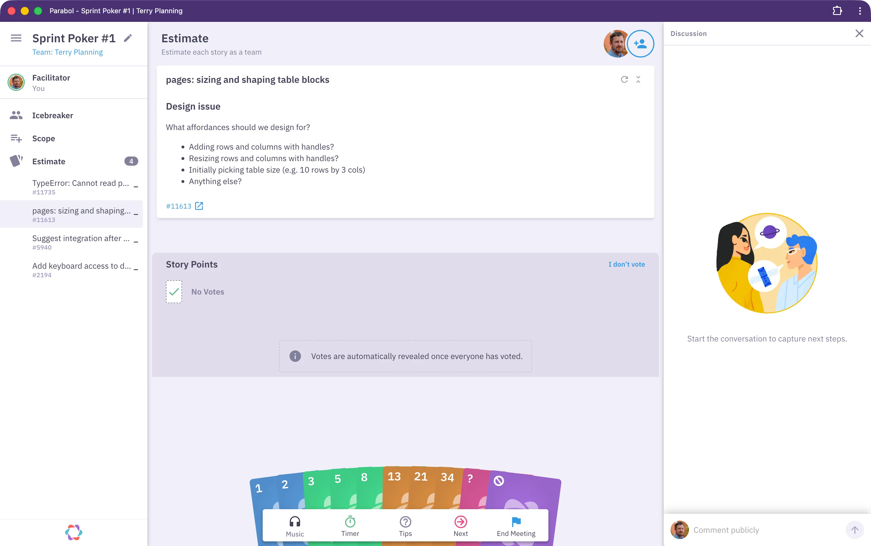 Parabol Sprint Poker Estimate Phase UI