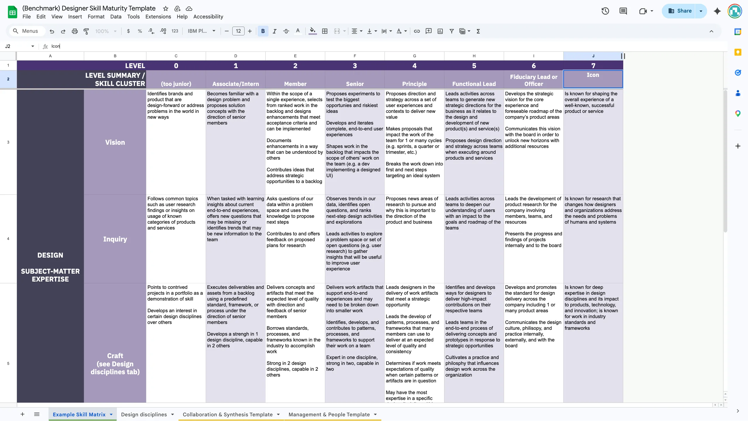 Example designer skill matrix