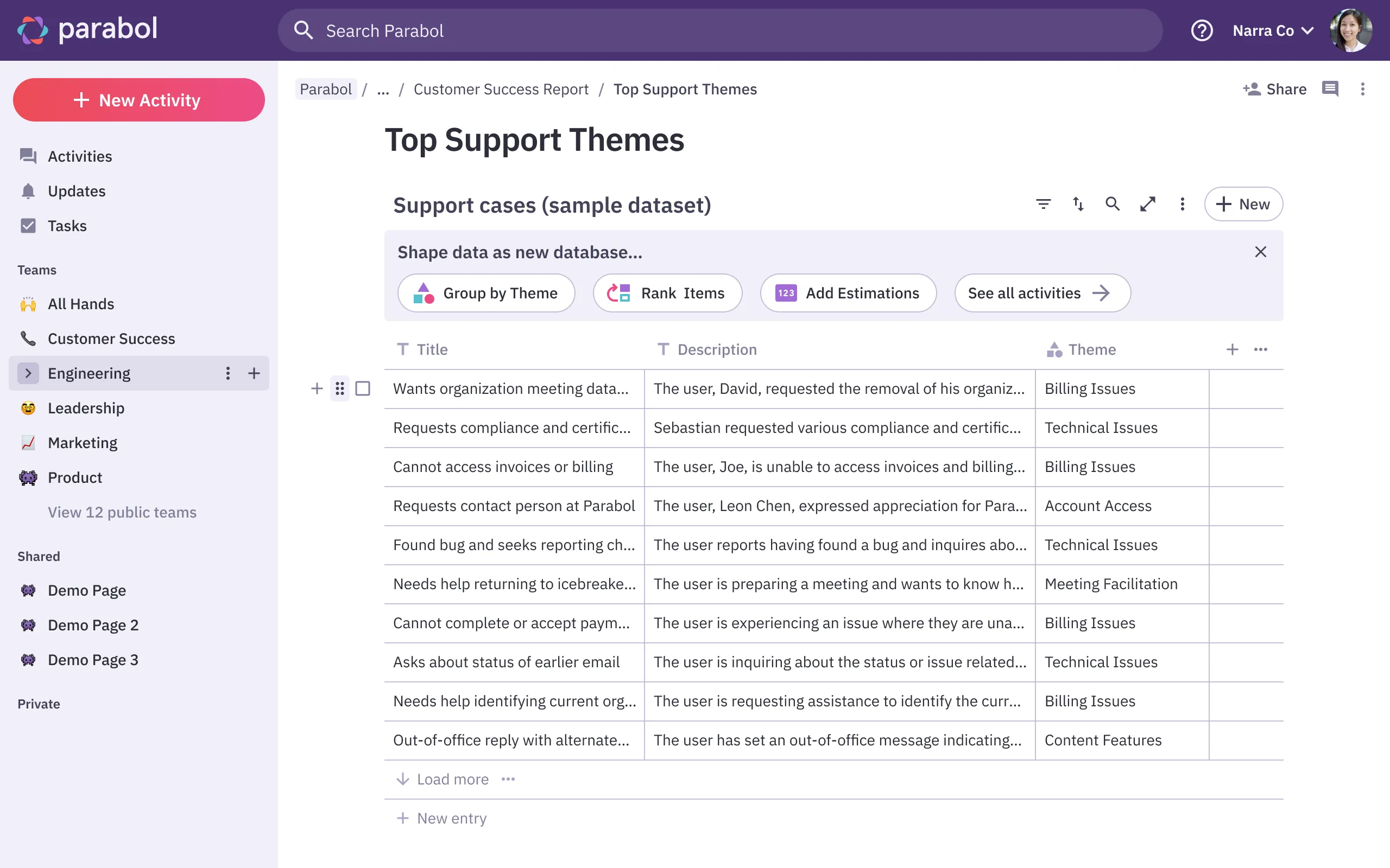 Support theme database example
